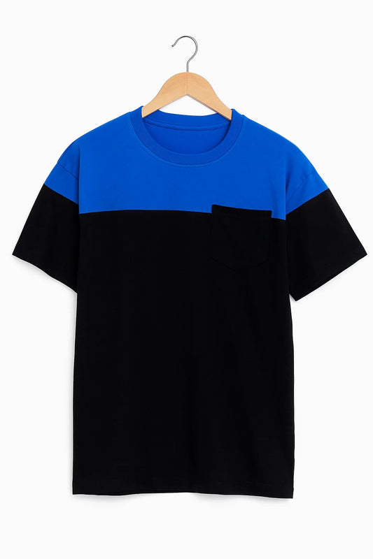 Blue & Black Colorblock Basic T-Shirt