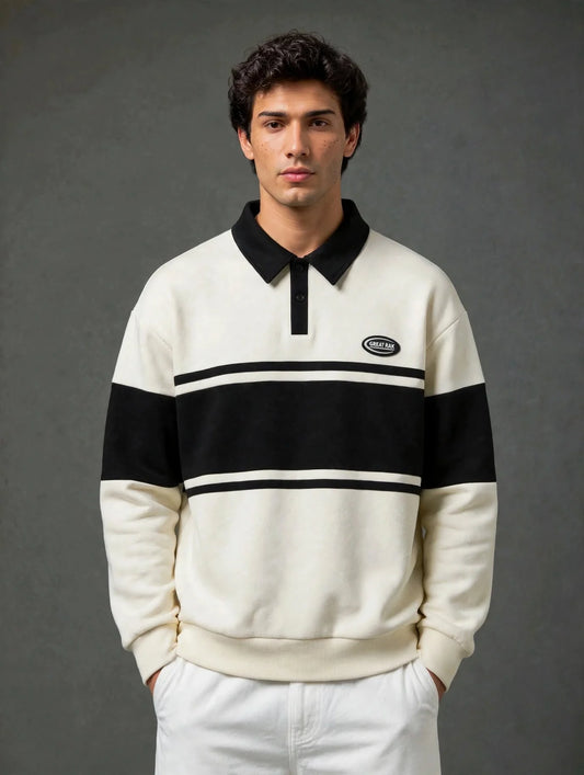 Cream & Black Collar Block Polo Collar Fleece Sweatshirt
