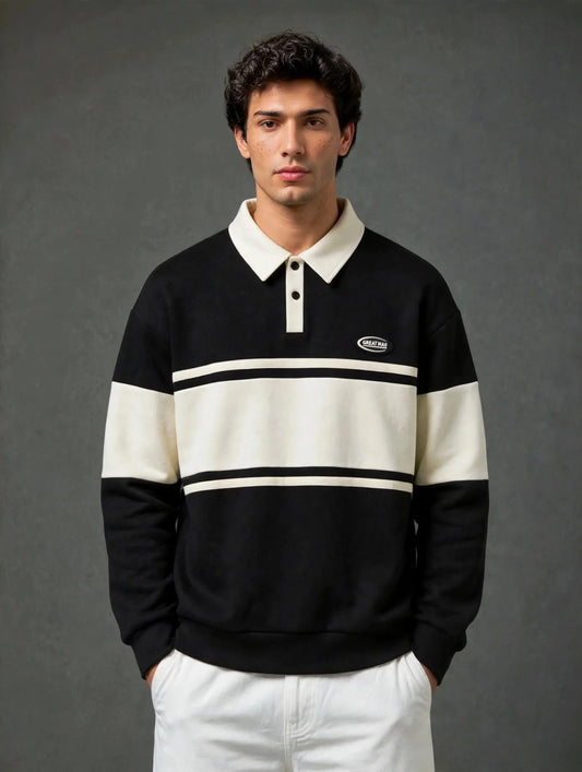 Black & White Collar Block Polo Collar Fleece Sweatshirt