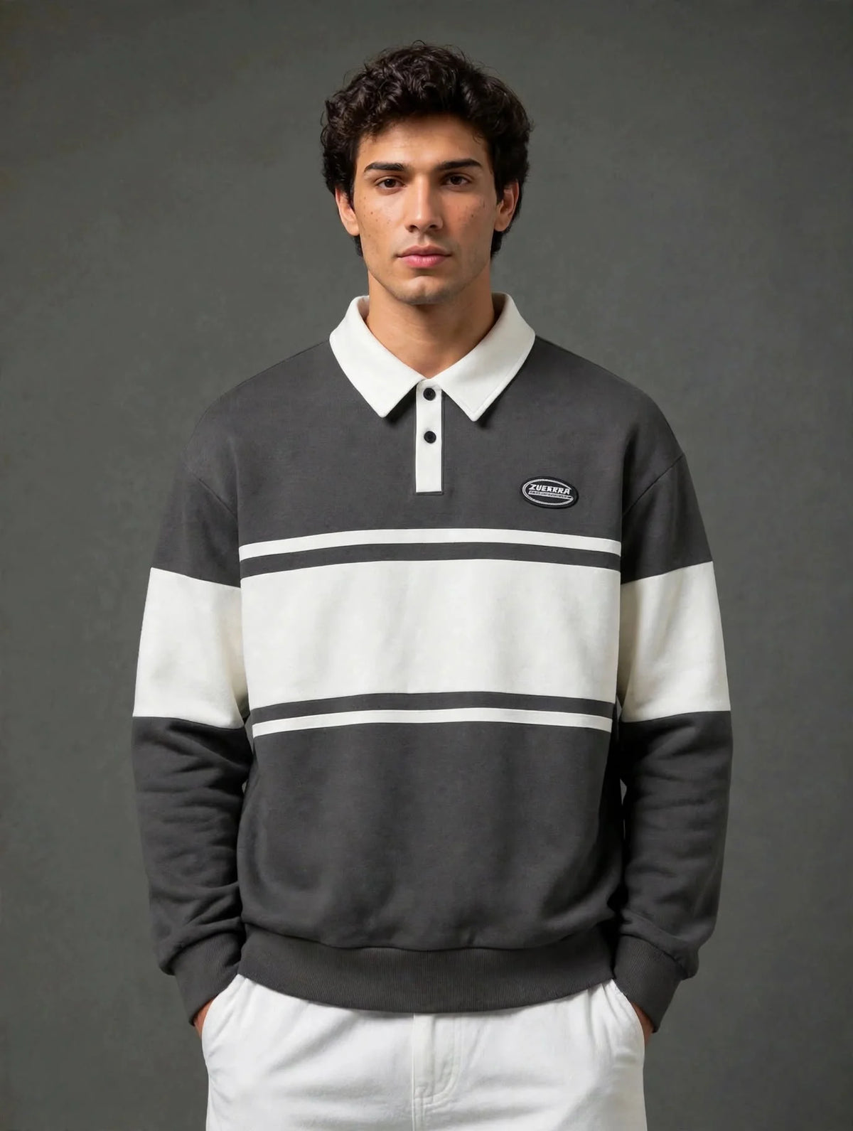 Grey & White Collar Block Polo Collar Fleece Sweatshirt