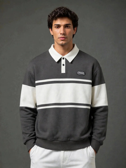 Grey & White Collar Block Polo Collar Fleece Sweatshirt