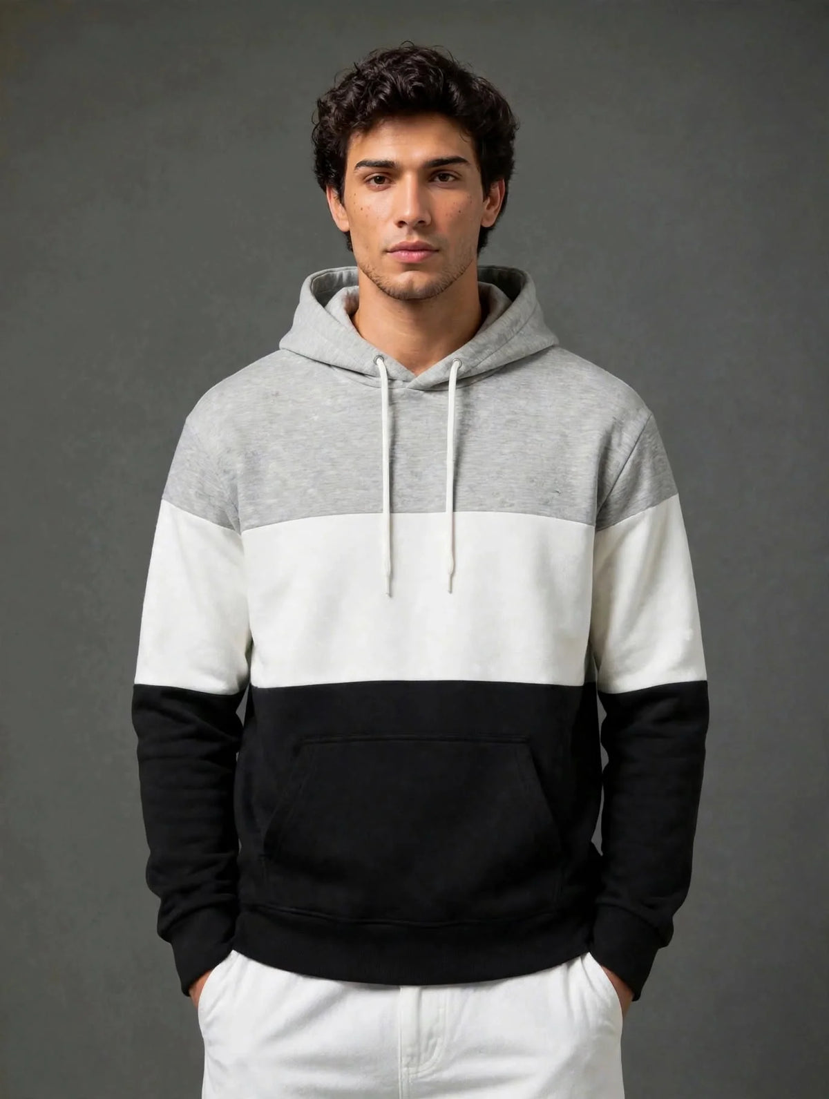 Grey, White & Black Color Block Hoodie