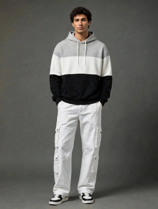 Grey, White & Black Color Block Hoodie