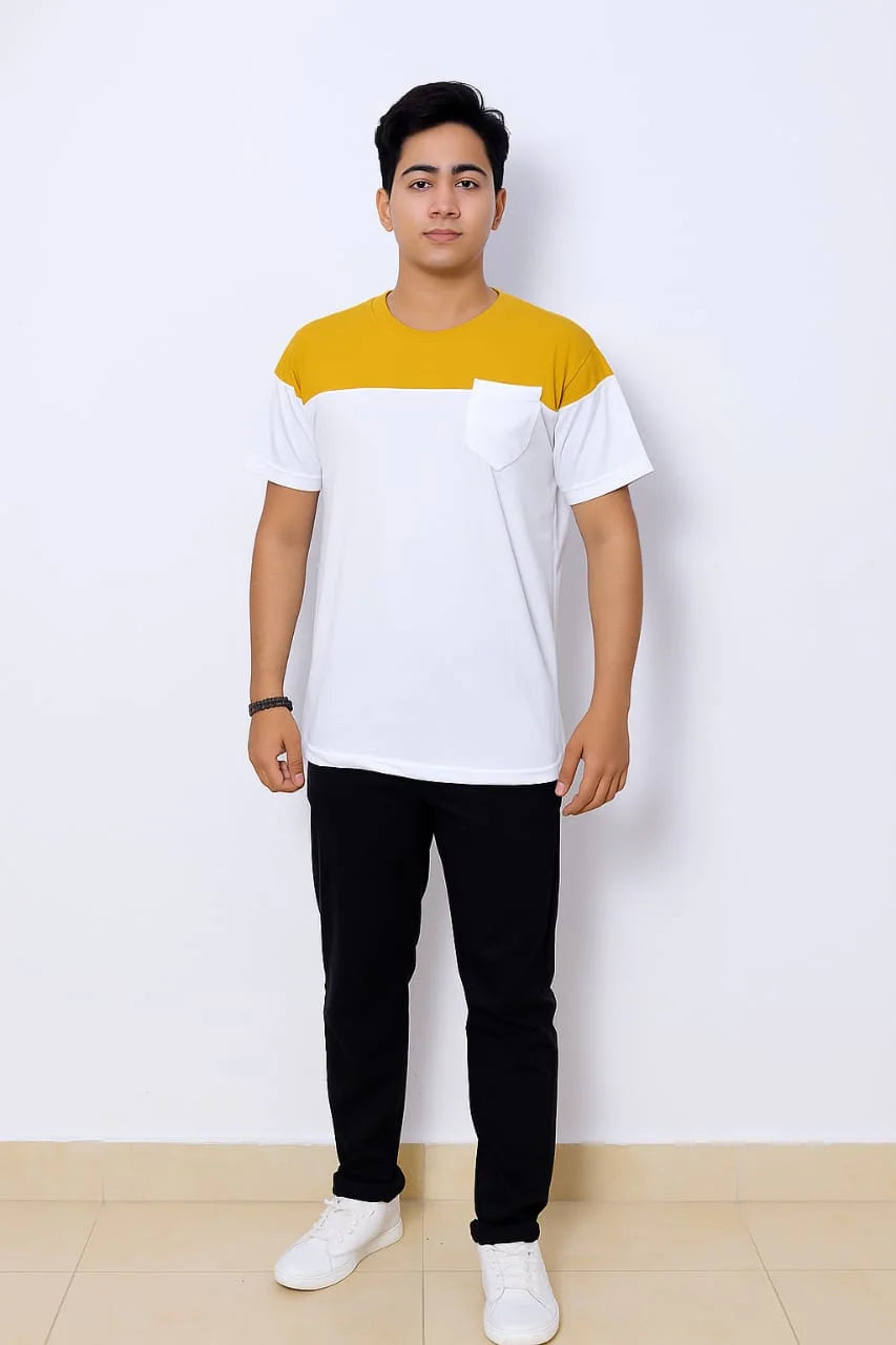 Mustard & White Colorblock Basic T-Shirt