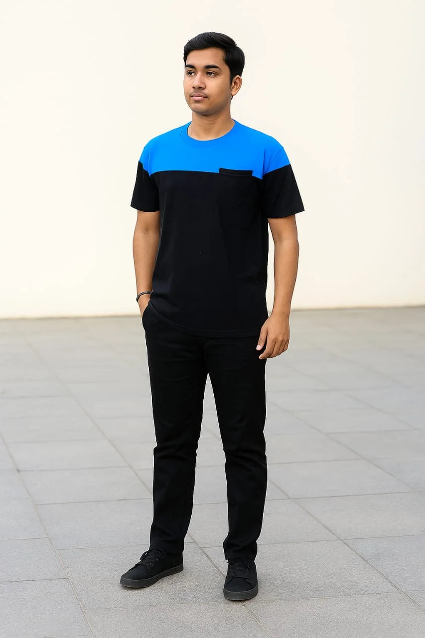 Blue & Black Colorblock Basic T-Shirt