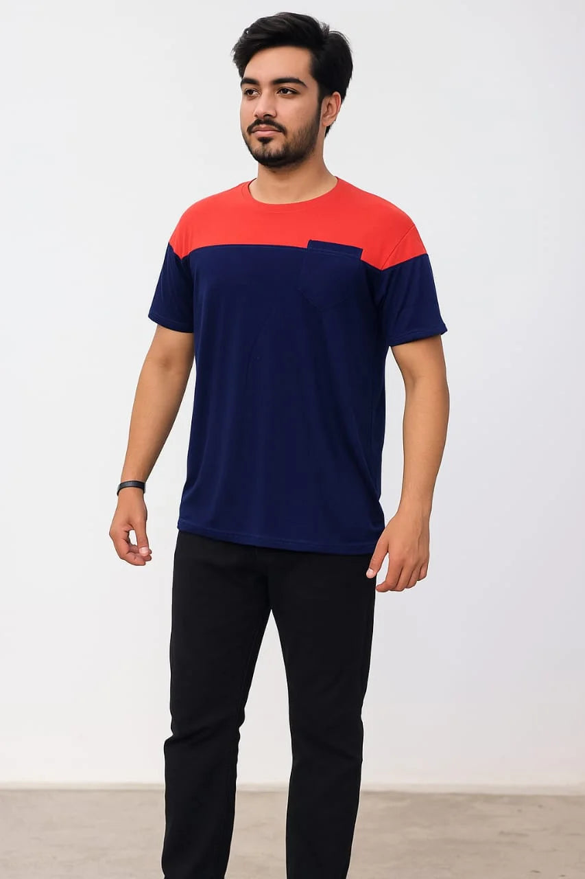 Red & Navy Colorblock Basic T-Shirt