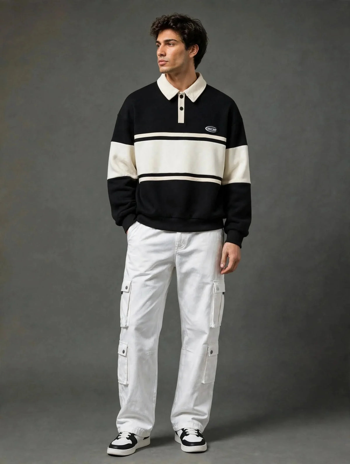 Black & White Collar Block Polo Collar Fleece Sweatshirt