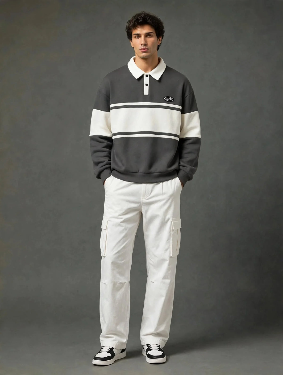 Grey & White Collar Block Polo Collar Fleece Sweatshirt