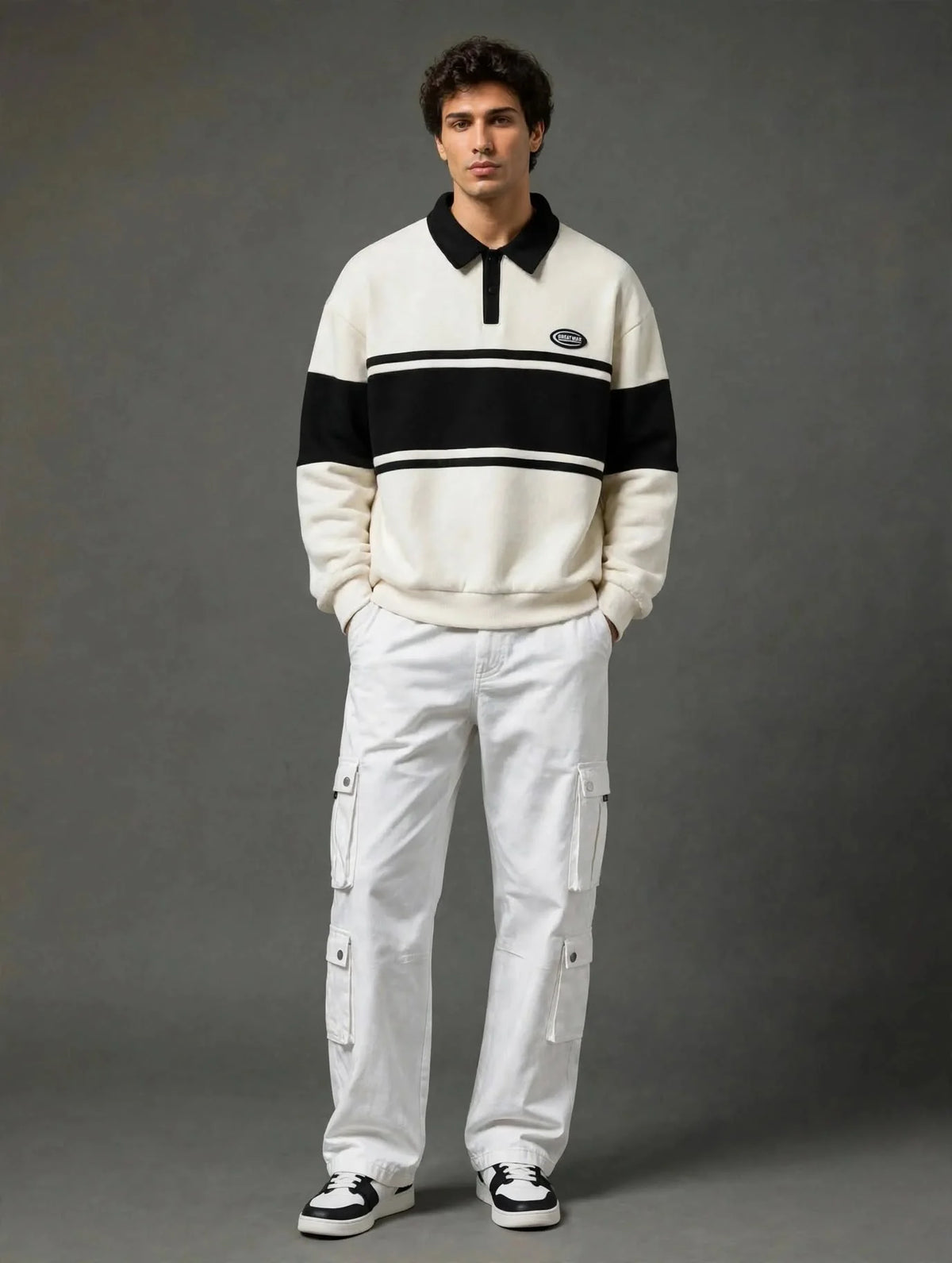 Cream & Black Collar Block Polo Collar Fleece Sweatshirt