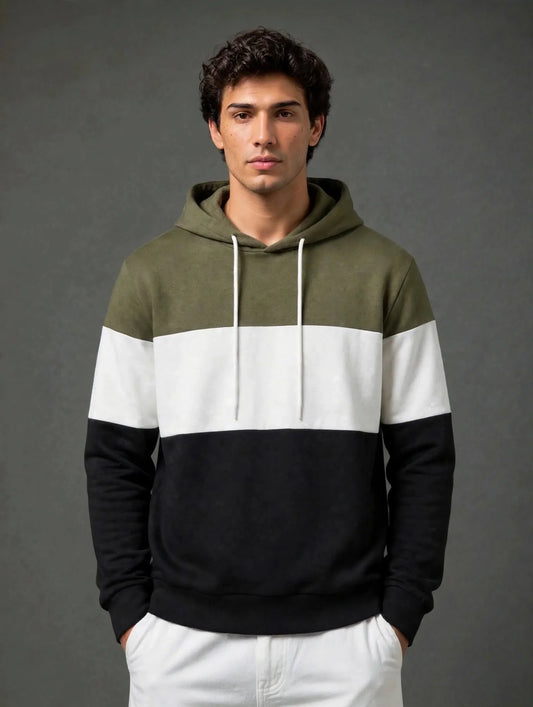 Green, White & Black Color Block Hoodie